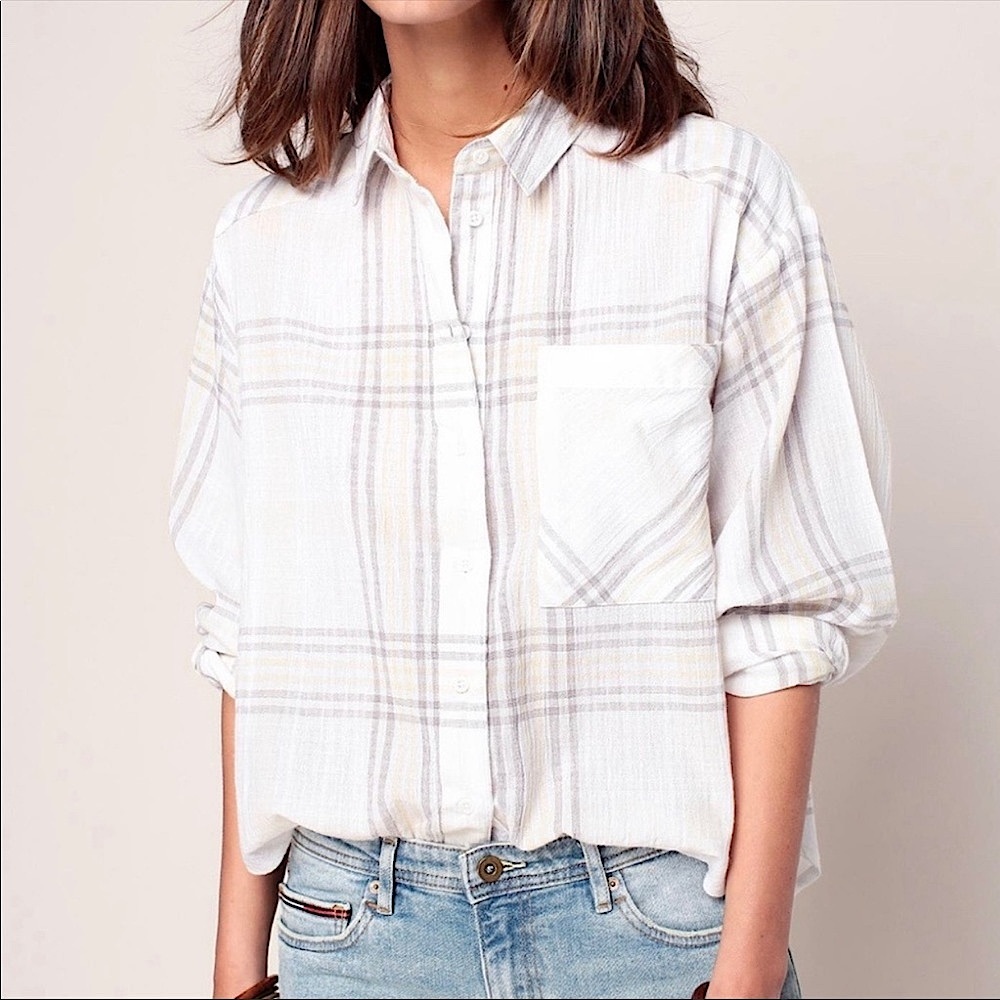 FREE PEOPLE CUTIE Plaid Batwing Long Sleeve Button Shirt